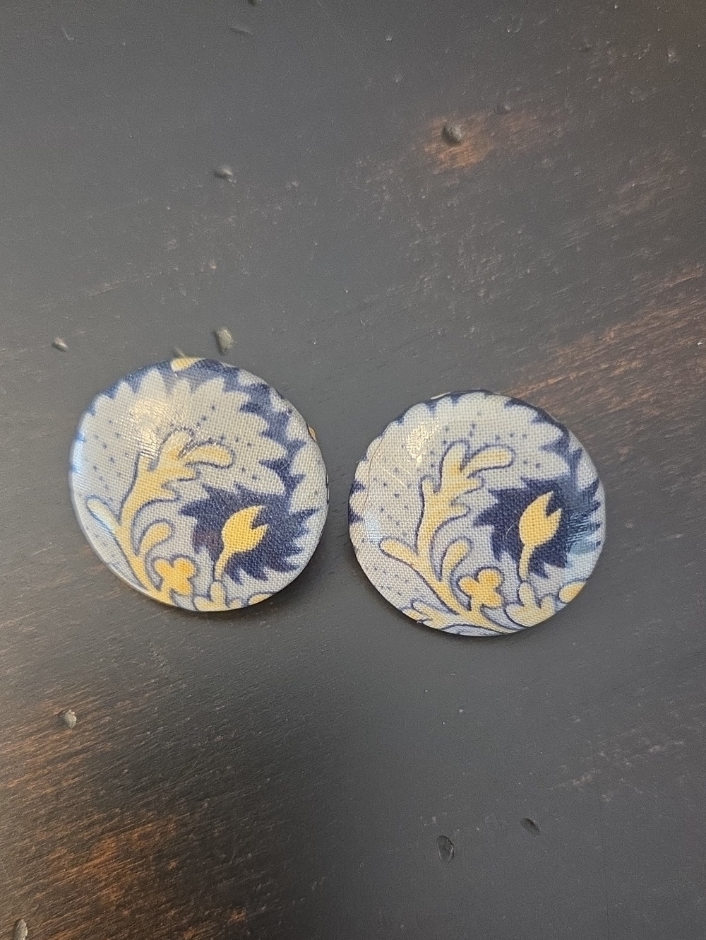 Blue and Cream Floral Button Stud Earrings